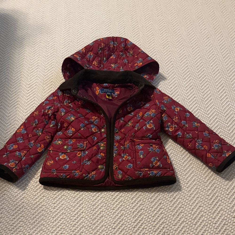 Polo by Ralph Lauren Burgundy Floral Quilted Hooded Puffer Jacket